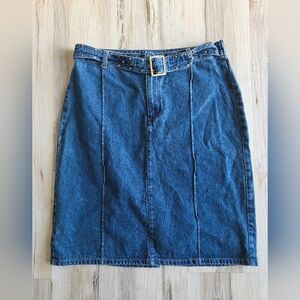 Vtg Denim Stitch Crease Studded Belt Midi Skirt Sz 10 Ladies Cotton Dark